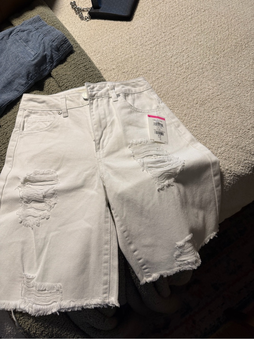 White Distressed Denim Bermuda Shorts